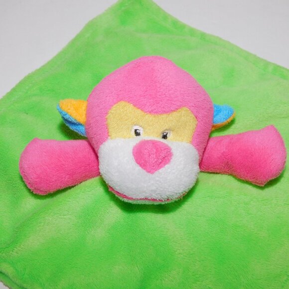 Pink Monkey Green Security Blanket Rattle Baby Lovey Nunu Soother 8" x 8" - Picture 2 of 3